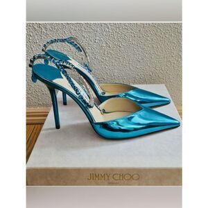 Jimmy Choo Saeda Crystal Ankle Strap Stilettos in Malibu Mix Authentic